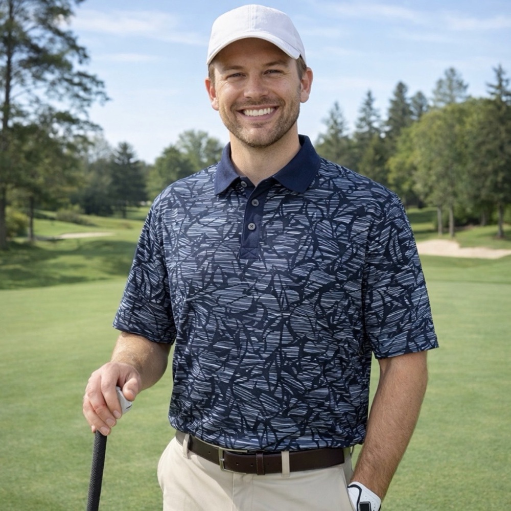 PGA Tour Men’s Navy Blue Tropical Print Short Sleeve Stretch Polo Golf Shirt L